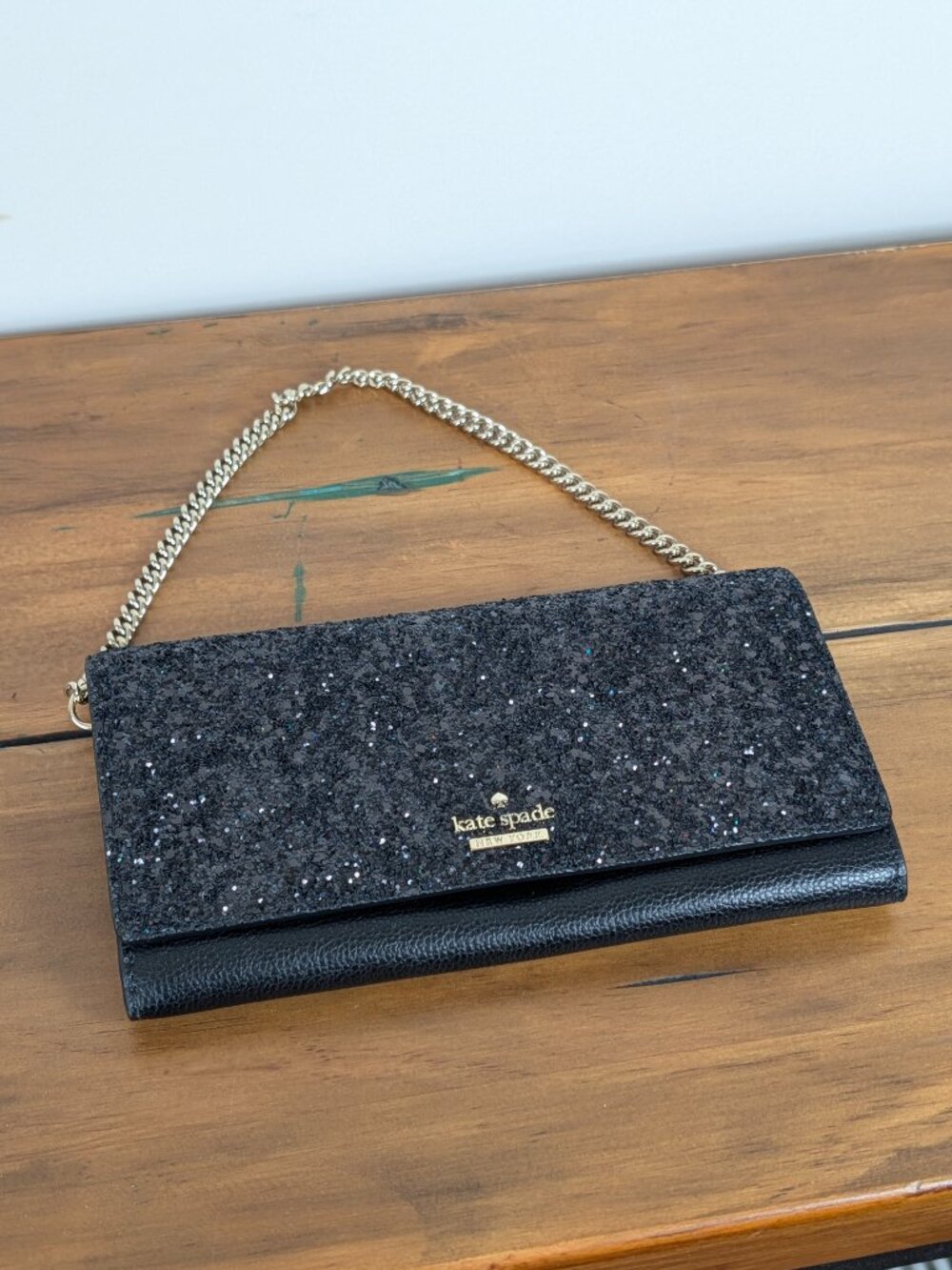Kate Spade New York Glitter Clutch Black Leather Chain Wallet Purse Mirror
